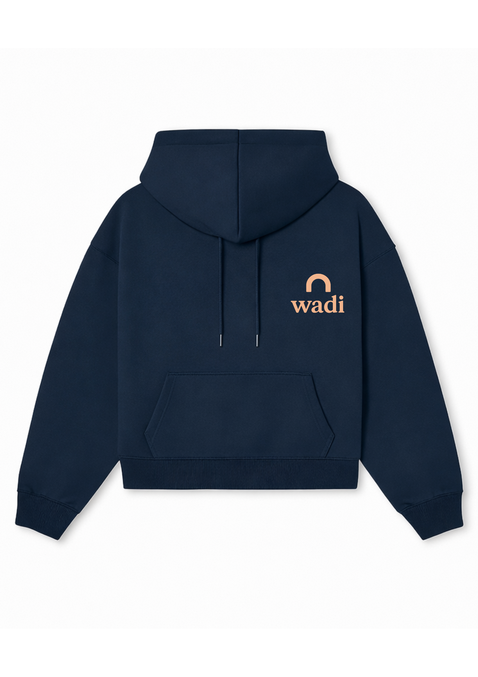 sudadera parte frontal azul marino con letras salmón wadi club