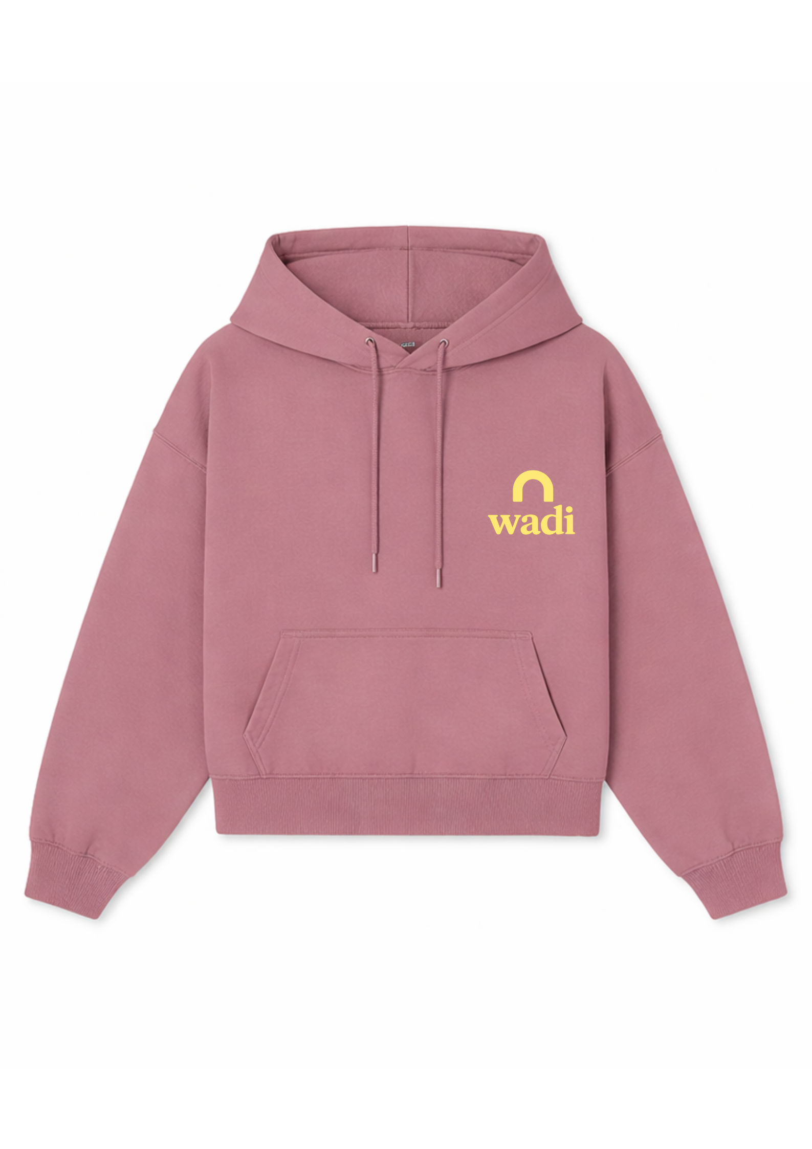 sudadera parte frontal rosa morado con letras amarillas wadi club